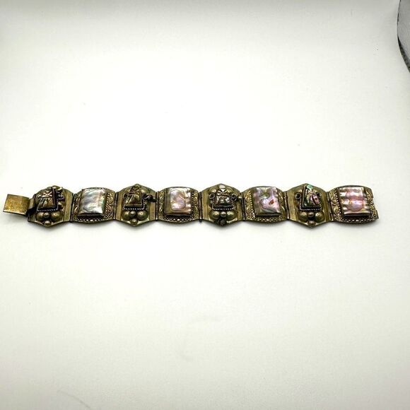 Vintage stamped Alpaca Mexico abalone shell bracelet!! - Picture 4 of 16